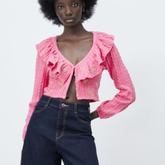 ZARA Ruffled Floral Cable Knit Cardigan - Picture 1 of 5